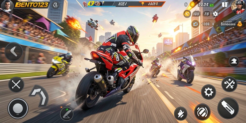 Gameplay BENTO123 menampilkan balapan motor yang seru dan menantang.